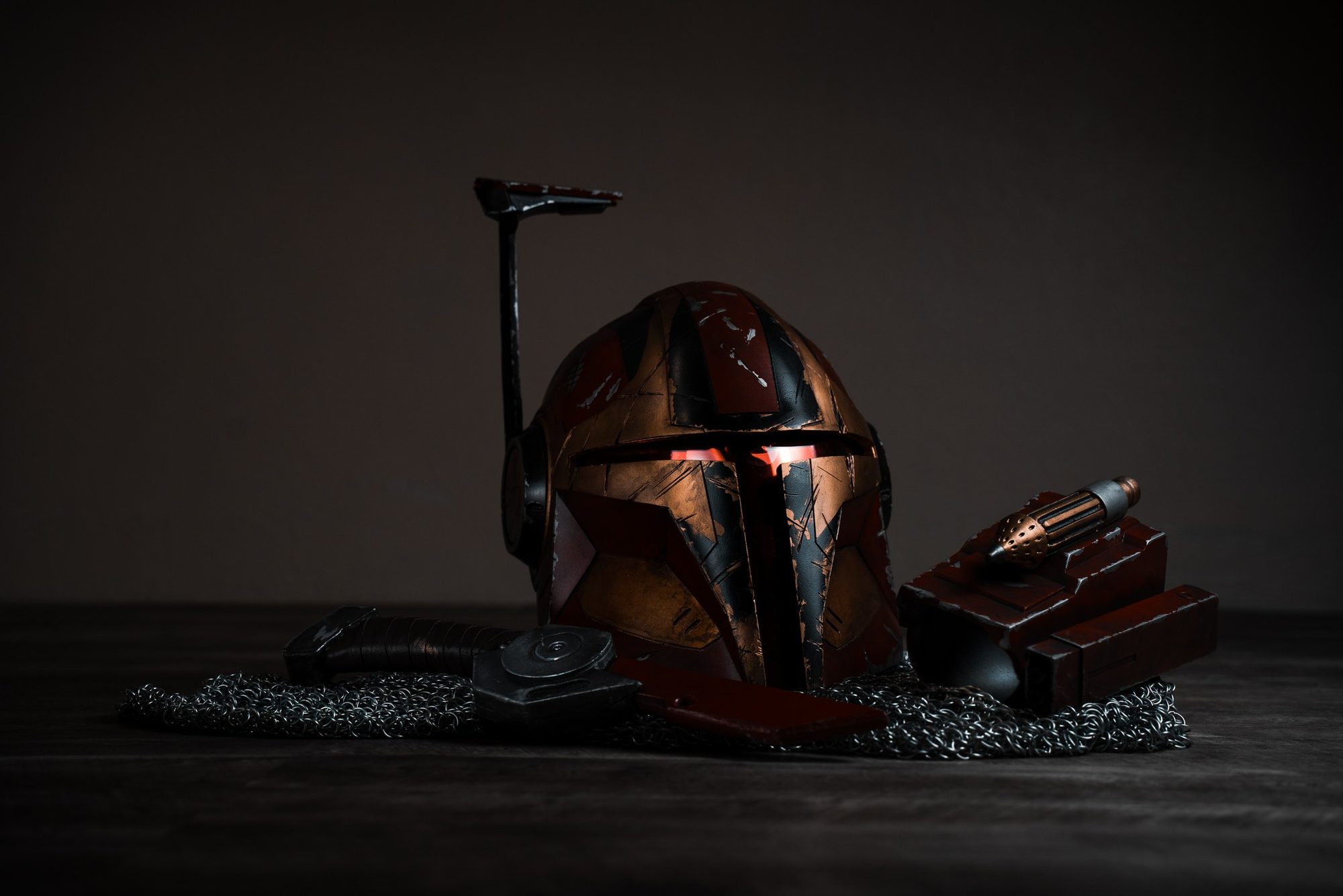 Mandalorian helmet dramatic still life